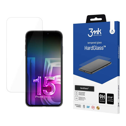 Προστατευτική μεμβράνη οθόνης 3MK HardGlass για Apple iPhone 15, Ασφαλισμένο γυαλί, Πλήρης κόλλα