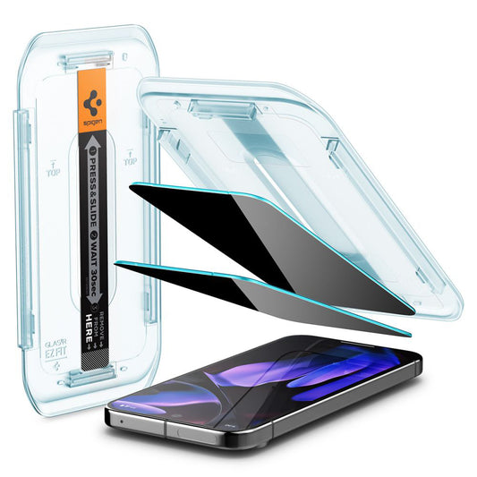 Προστατευτική μεμβράνη οθόνης Privacy Spigen GlastR EZ FIT για Google Pixel 9 / 9 Pro, Ασφαλισμένο γυαλί, Πλήρης κόλλα, Σετ 2 τεμαχίων