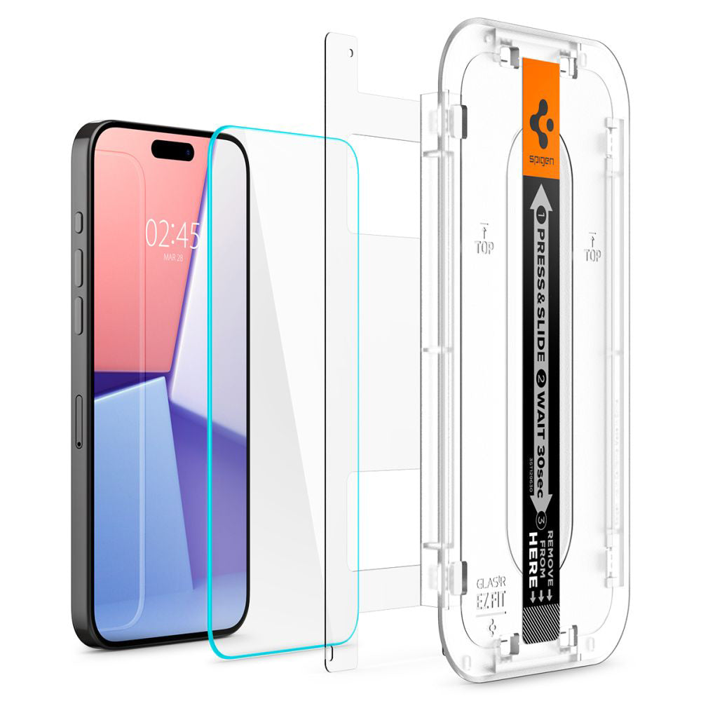 Προστατευτική μεμβράνη οθόνης Spigen GlastR EZ FIT για Apple iPhone 15 Pro, Ασφαλισμένο γυαλί, Πλήρης κόλλα, Σετ 2 τεμαχίων AGL06892