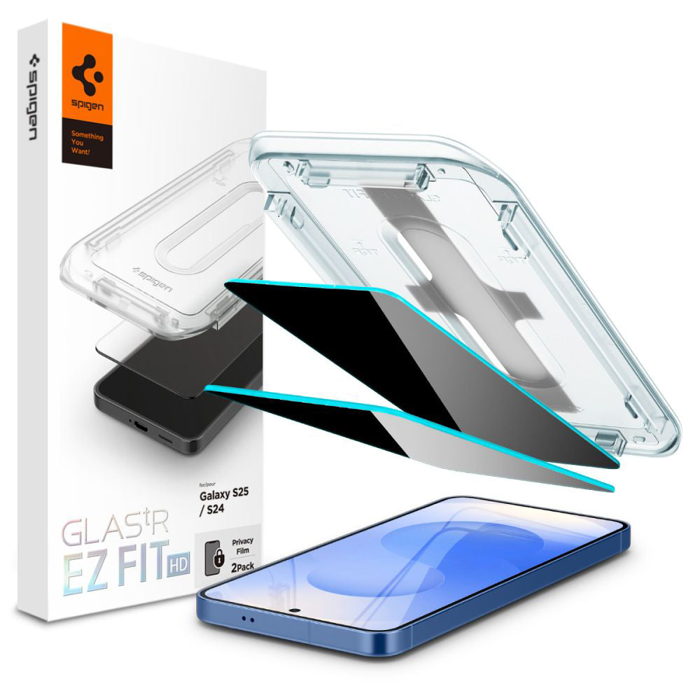 Προστατευτική μεμβράνη οθόνης Privacy Spigen GlastR EZ FIT HD για Samsung Galaxy S25 S931 / S24 S921, Ασφαλισμένο γυαλί, Πλήρης κόλλα, Σετ 2 τεμαχίων
