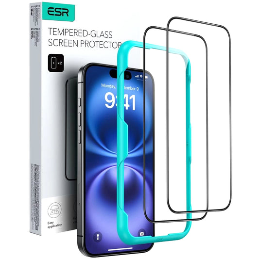 Προστατευτική Μεμβράνη Οθόνης ESR για Apple iPhone 16 Pro Max, Ενισχυμένο Γυαλί, Πλήρης Κόλληση, Σετ 2 τεμαχίων, Μαύρη