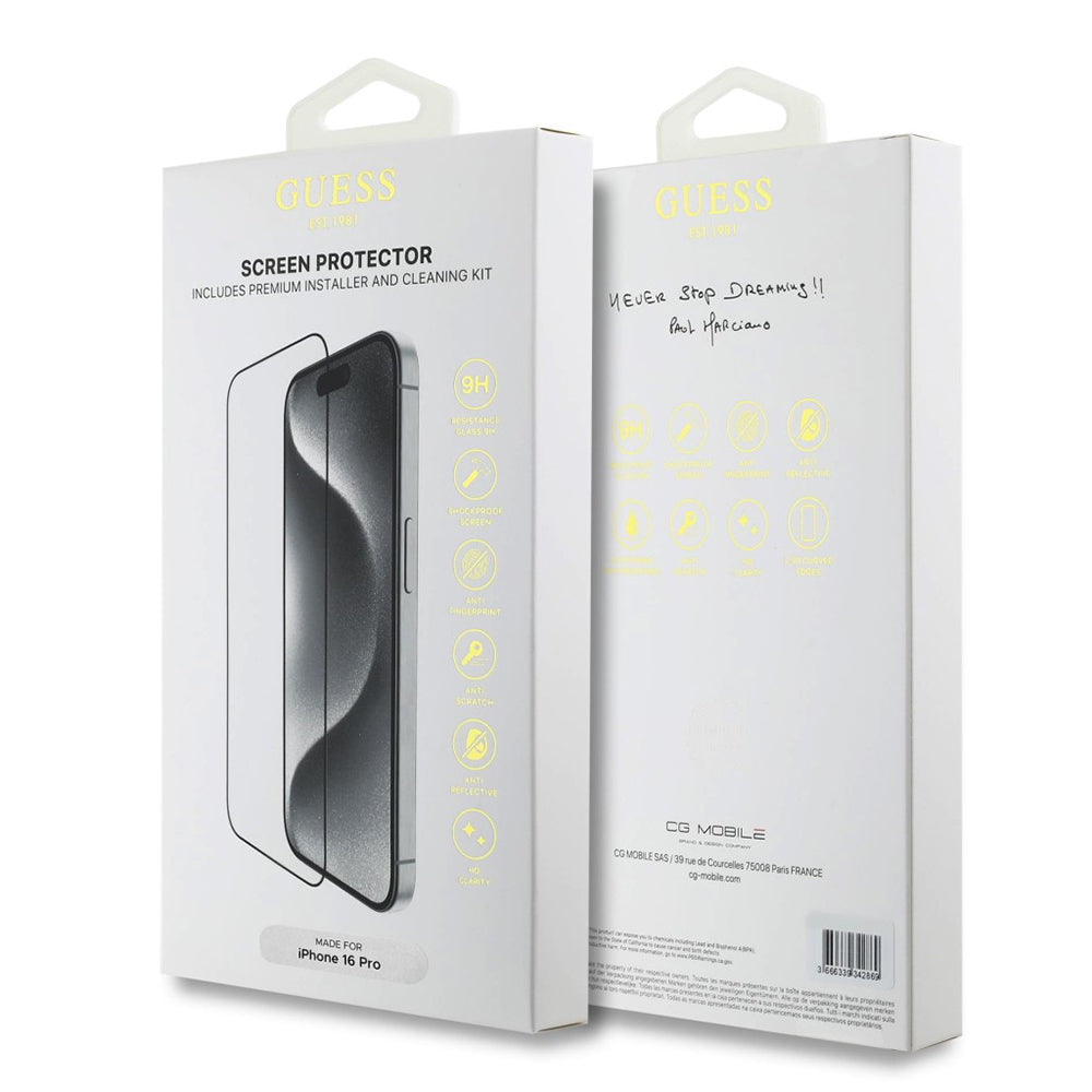 Guess Classic Outline Screen Protector for Apple iPhone 16 Pro Max, Tempered Glass, Full Glue, 2.5D, Black GUTGP16XBOKGCIT