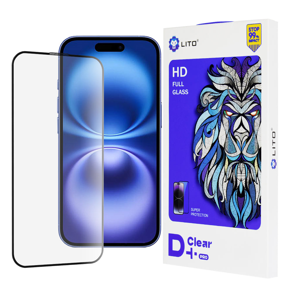 Προστατευτική μεμβράνη οθόνης Lito D+ Pro για Apple iPhone 16, Ασφαλισμένο γυαλί, Πλήρης κόλλα, Μαύρο