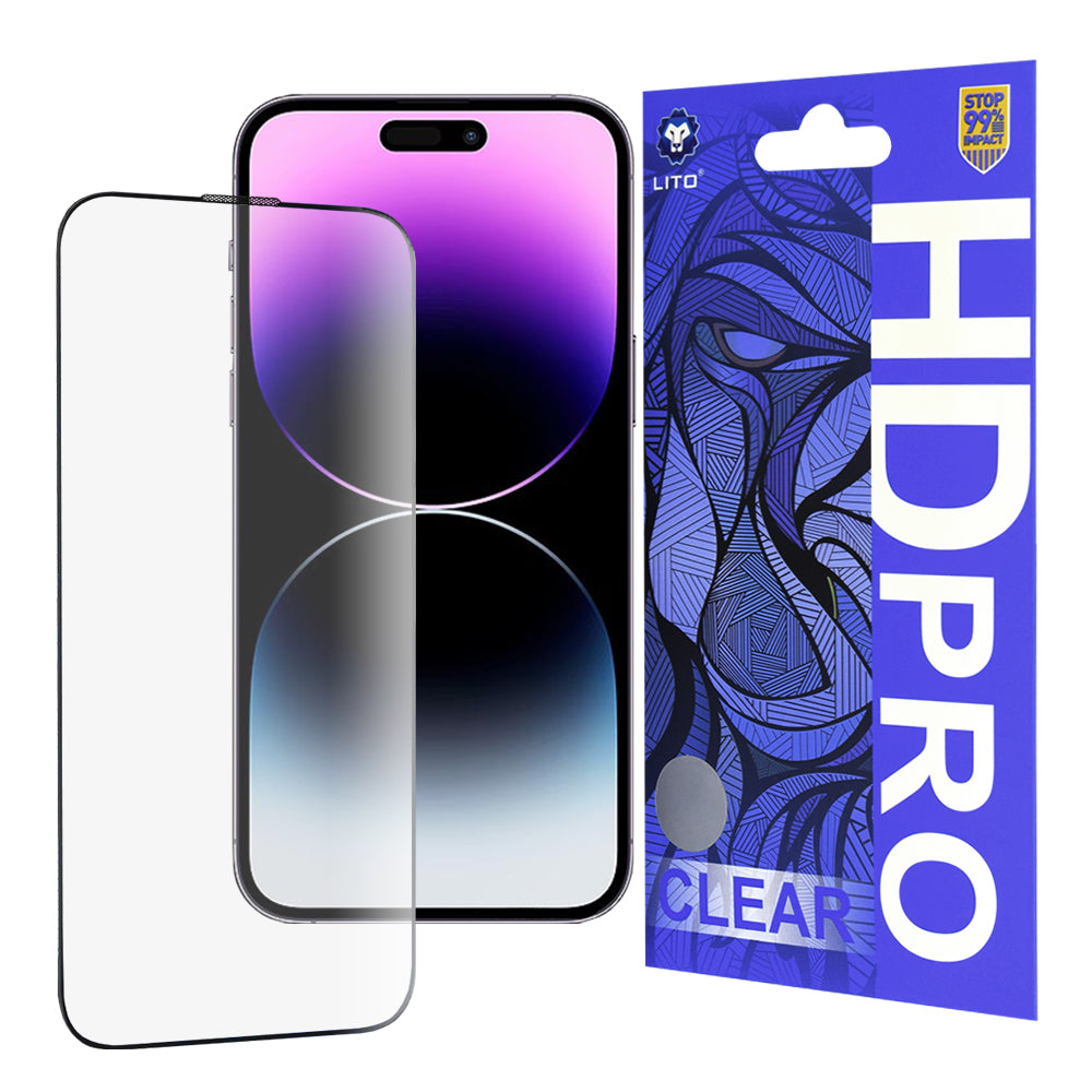 Προστατευτική μεμβράνη οθόνης Lito HD Pro Clear για Apple iPhone 14 Pro Max, Ασφαλισμένο γυαλί, Πλήρης κόλλα, Μαύρο