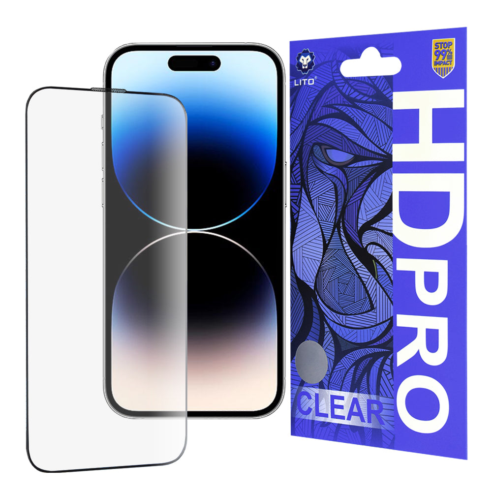 Προστατευτική μεμβράνη οθόνης Lito HD Pro Clear για Apple iPhone 14 Pro, Ασφαλισμένο γυαλί, Πλήρης κόλλα, Μαύρο