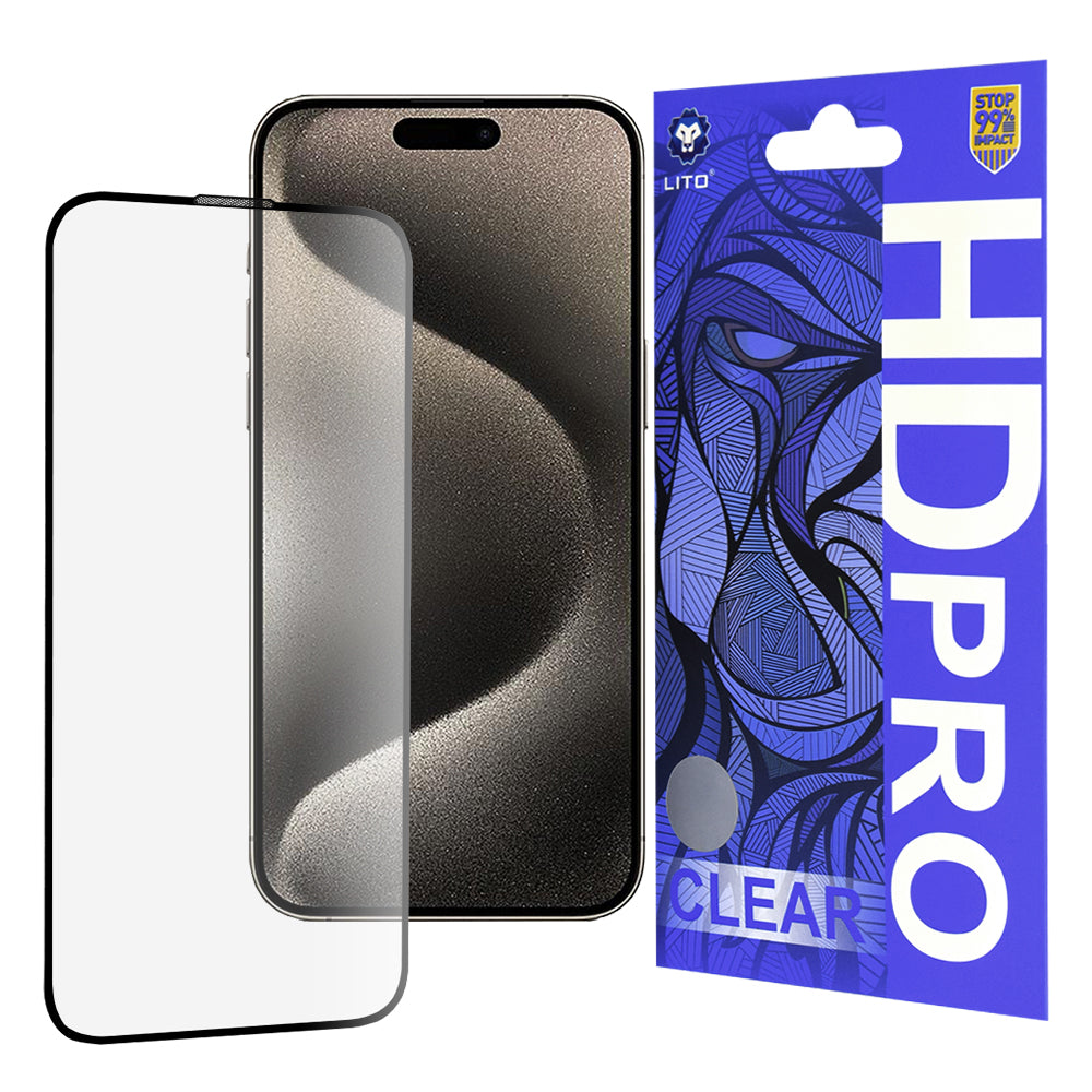 Προστατευτική μεμβράνη οθόνης Lito HD Pro Clear για Apple iPhone 15 Pro Max, Ασφαλισμένο γυαλί, Πλήρης κόλλα, Μαύρο