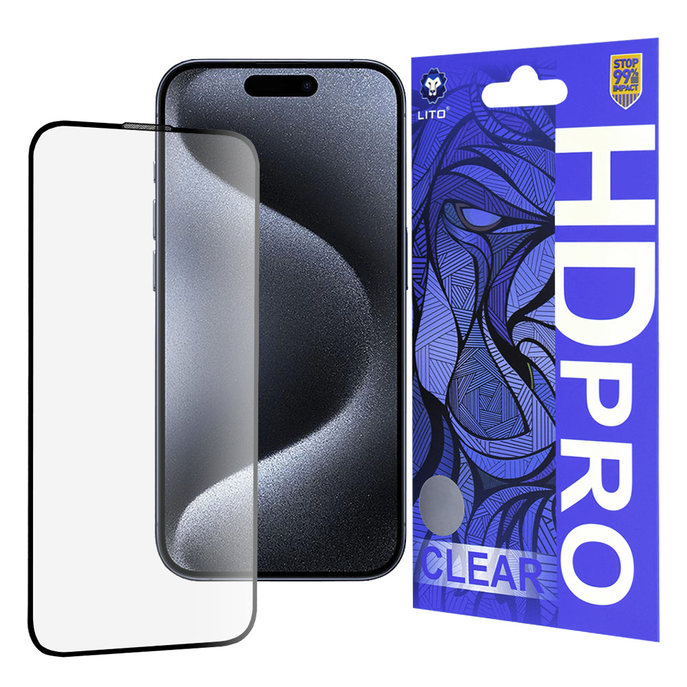 Προστατευτική μεμβράνη οθόνης Lito HD Pro Clear για Apple iPhone 15 Pro, Ασφαλισμένο γυαλί, Πλήρης κόλλα, Μαύρο