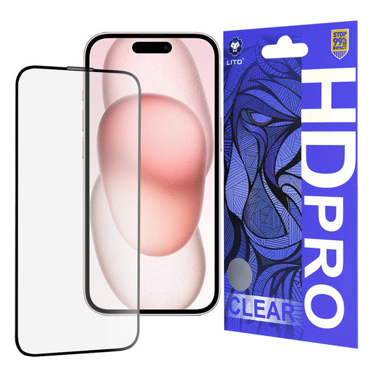 Προστατευτική μεμβράνη οθόνης Lito HD Pro Clear για Apple iPhone 15, Ασφαλισμένο γυαλί, Πλήρης κόλλα, Μαύρο