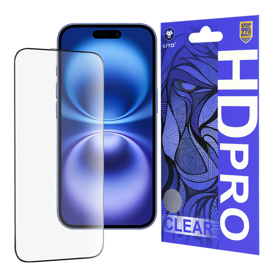 Προστατευτική μεμβράνη οθόνης Lito HD Pro Clear για Apple iPhone 16, Ασφαλισμένο γυαλί, Πλήρης κόλλα, Μαύρο