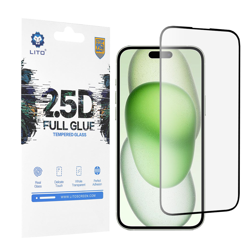 Προστατευτική μεμβράνη οθόνης Lito για Apple iPhone 15 Plus, ασφαλισμένο γυαλί, πλήρης κόλλα, 2.5D, μαύρο