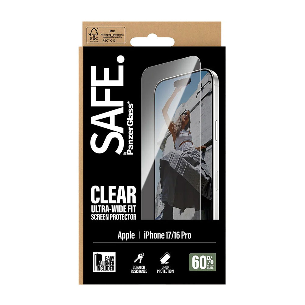 Προστατευτική Μεμβράνη Οθόνης PanzerGlass Safe. Ultra-Wide Fit EasyAligner για Apple iPhone 17 / 16 Pro, Ενισχυμένο Γυαλί, Full Glue