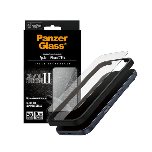 Προστατευτική Μεμβράνη Οθόνης PanzerGlass Ultra-Wide Ceramic II EasyAligner για Apple iPhone 17 Pro, Ενισχυμένο Γυαλί, Πλήρης Κόλληση, Μαύρη