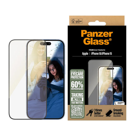 Προστατευτική Μεμβράνη Οθόνης PanzerGlass Ultra-Wide Fit EyeCare για Apple iPhone 16 / 15, Ενισχυμένο Γυαλί, Πλήρης Κόλληση, Μαύρη