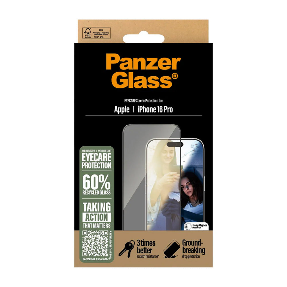 Προστατευτική Μεμβράνη Οθόνης PanzerGlass Ultra-Wide Fit EyeCare για Apple iPhone 16 Pro, Ενισχυμένο Γυαλί, Full Glue, Μαύρη