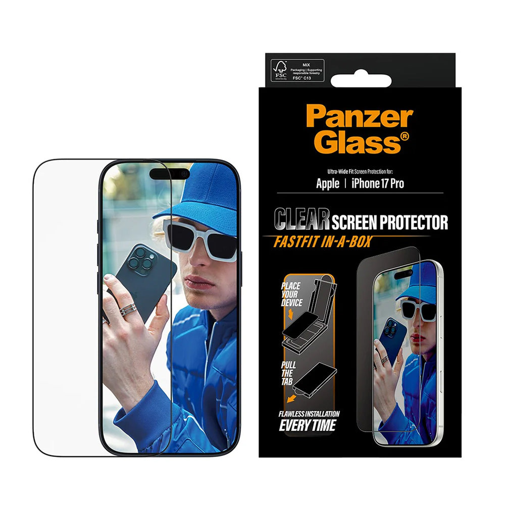 Προστατευτική Μεμβράνη Οθόνης PanzerGlass Ultra-Wide Fit Fastfit για Apple iPhone 17 Pro, Ενισχυμένο Γυαλί, Full Glue, Μαύρη