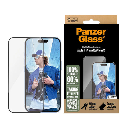Προστατευτική Μεμβράνη Οθόνης PanzerGlass Ultra-Wide Fit για Apple iPhone 16 / 15, Ενισχυμένο Γυαλί, Full Glue, Μαύρη
