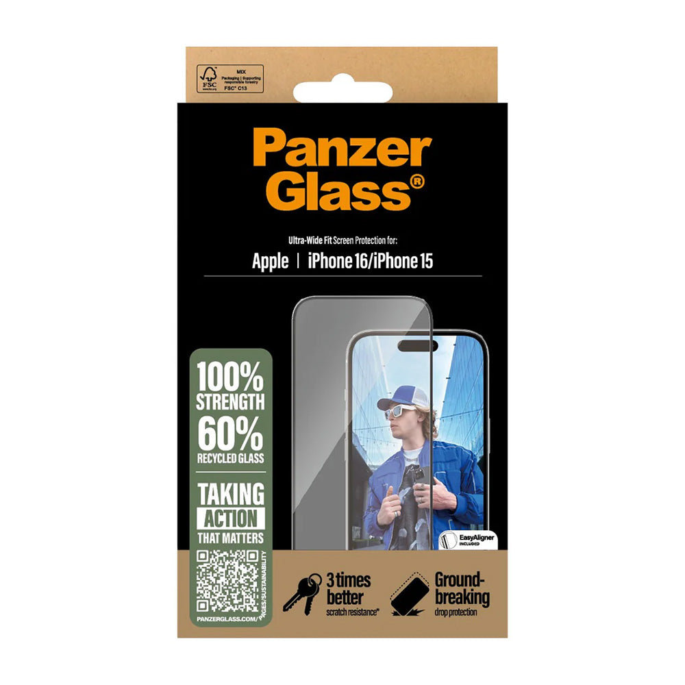 Προστατευτική Μεμβράνη Οθόνης PanzerGlass Ultra-Wide Fit για Apple iPhone 16 / 15, Ενισχυμένο Γυαλί, Full Glue, Μαύρη