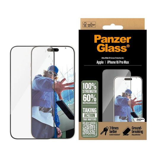 Προστατευτική Μεμβράνη Οθόνης PanzerGlass Ultra-Wide Fit για Apple iPhone 16 Pro Max, Ενισχυμένο Γυαλί, Full Glue, Μαύρη