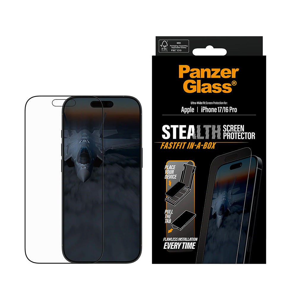 Προστατευτική Μεμβράνη Οθόνης PanzerGlass Ultra-Wide Fit Stealth Fastfit για Apple iPhone 17 / 16 Pro, Ενισχυμένο Γυαλί, Πλήρης Κόλληση, Μαύρη