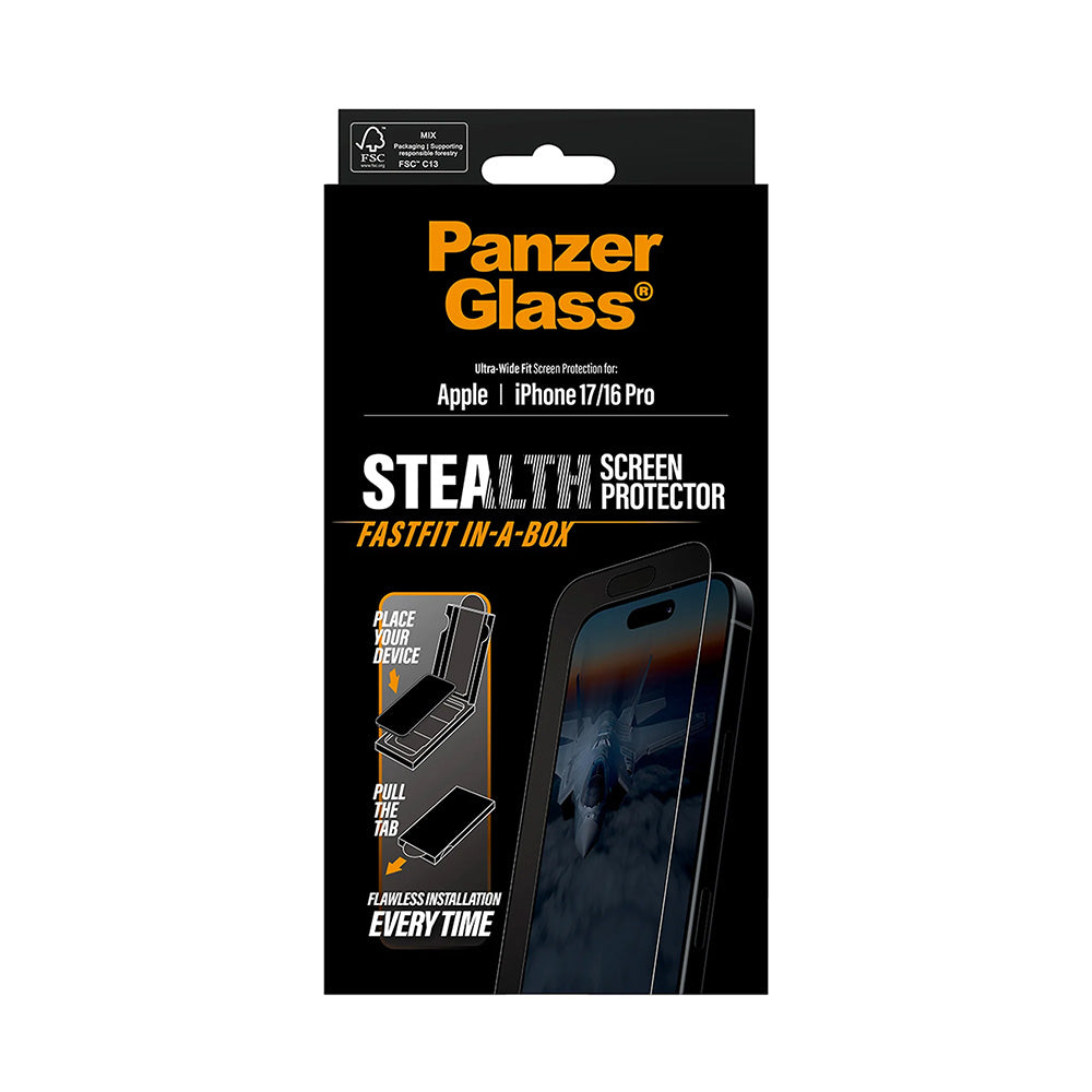 Προστατευτική Μεμβράνη Οθόνης PanzerGlass Ultra-Wide Fit Stealth Fastfit για Apple iPhone 17 / 16 Pro, Ενισχυμένο Γυαλί, Πλήρης Κόλληση, Μαύρη