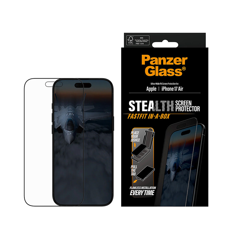 Προστατευτική Μεμβράνη Οθόνης PanzerGlass Ultra-Wide Fit Stealth Fastfit για Apple iPhone 17 Air, Ενισχυμένο Γυαλί, Full Glue, Μαύρη