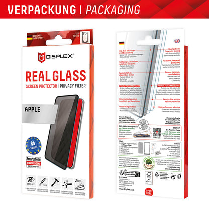 Προστατευτική μεμβράνη οθόνης Privacy Displex Real Glass για Apple iPhone 16 Plus, Ασφαλισμένο γυαλί, Πλήρης κόλλα