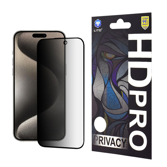 Προστατευτική μεμβράνη οθόνης Privacy Lito HD Pro για Apple iPhone 15 Pro Max, ασφαλισμένο γυαλί, πλήρης κόλλα