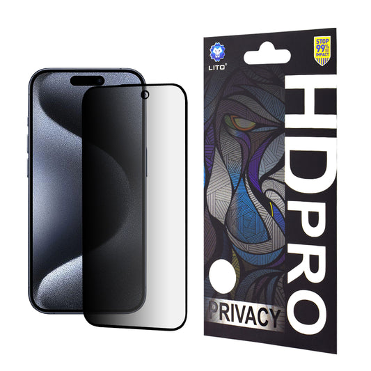 Προστατευτική μεμβράνη οθόνης Privacy Lito HD Pro για Apple iPhone 15 Pro, Ασφαλισμένο γυαλί, Πλήρης κόλλα