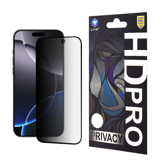 Προστατευτική μεμβράνη οθόνης Privacy Lito HD Pro για Apple iPhone 16 Pro Max, Ασφαλισμένο γυαλί, Πλήρης κόλλα