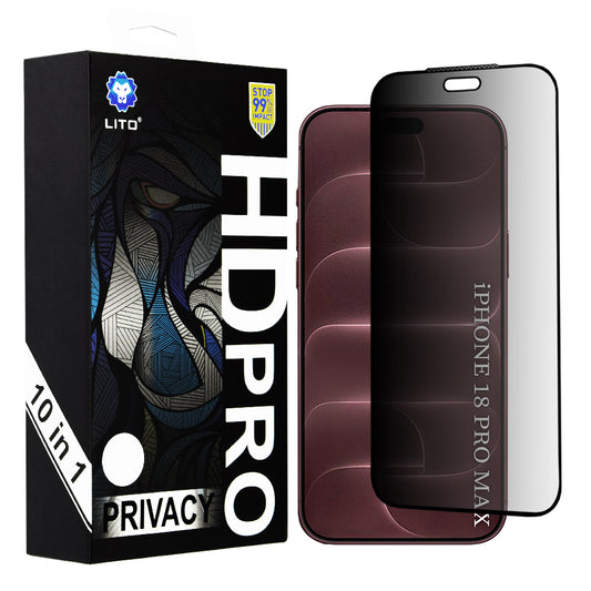 Προστατευτικό οθόνης Privacy Lito HD Pro για Apple iPhone 18 Pro Max, Σκληρυμένο Γυαλί, Full Glue, Σετ 10 τεμαχίων