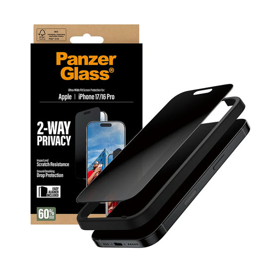 Προστατευτικό Φιλμ Οθόνης Privacy PanzerGlass Ultra-Wide Fit 2-Way EasyAligner για Apple iPhone 17 / 16 Pro, Ενισχυμένο Γυαλί, Full Glue