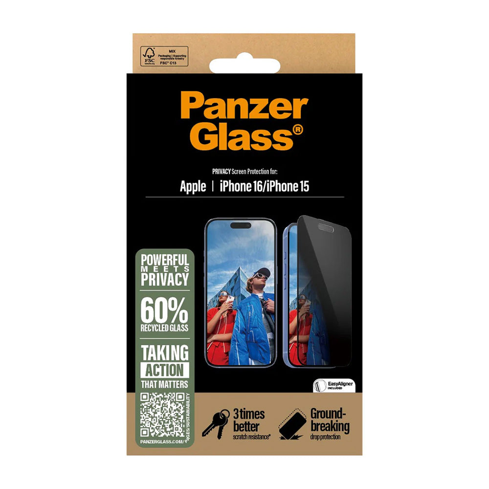 Προστατευτική Μεμβράνη Οθόνης Privacy PanzerGlass Ultra-Wide Fit EasyAligner για Apple iPhone 16 / 15, Ενισχυμένο Γυαλί, Full Glue
