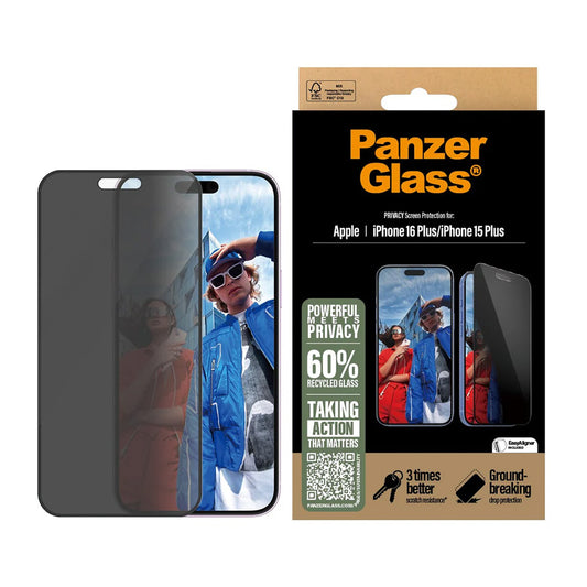 Προστατευτική Μεμβράνη Οθόνης Privacy PanzerGlass Ultra-Wide Fit EasyAligner για Apple iPhone 16 Plus / 15 Plus, Ενισχυμένο Γυαλί, Full Glue