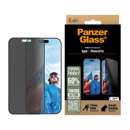 Προστατευτική Μεμβράνη Οθόνης Privacy PanzerGlass Ultra-Wide Fit EasyAligner για Apple iPhone 16 Pro, Ενισχυμένο Γυαλί, Full Glue