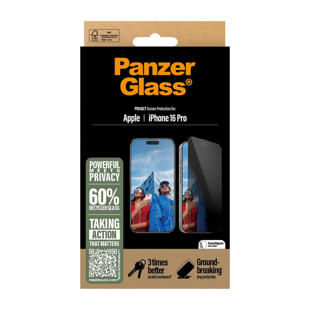 Προστατευτική Μεμβράνη Οθόνης Privacy PanzerGlass Ultra-Wide Fit EasyAligner για Apple iPhone 16 Pro, Ενισχυμένο Γυαλί, Full Glue