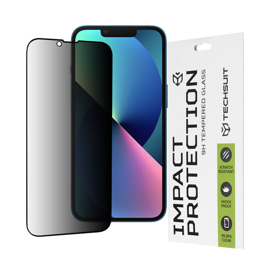 Προστατευτική μεμβράνη οθόνης Privacy Techsuit για Apple iPhone 17e / 16e / 14 / 13 Pro, Ασφαλισμένο γυαλί, Πλήρης κόλλα, 111D