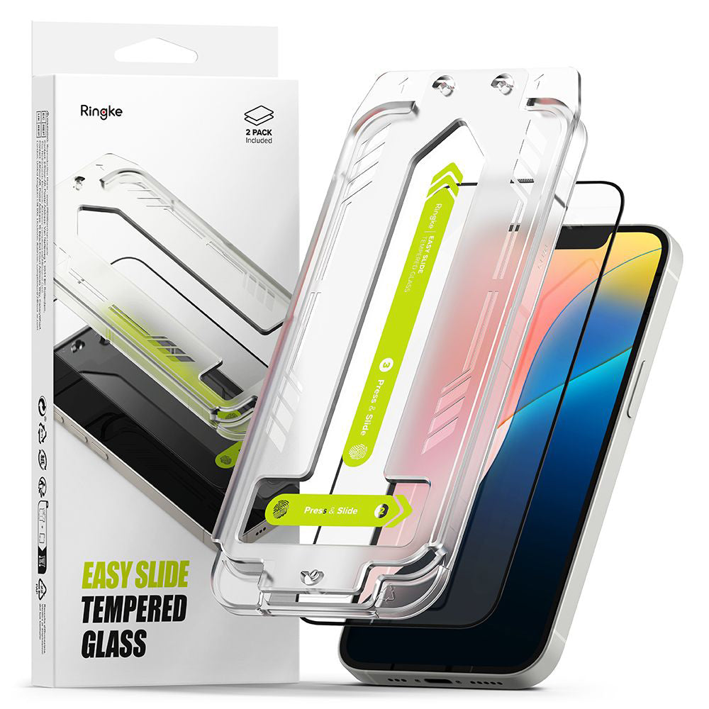 Προστατευτική μεμβράνη οθόνης Ringke Easy Slide για Apple iPhone 17e / 16e / 14 / 13 Pro, Ασφαλισμένο γυαλί, Πλήρης κόλλα, Σετ 2 τεμαχίων, Μαύρο