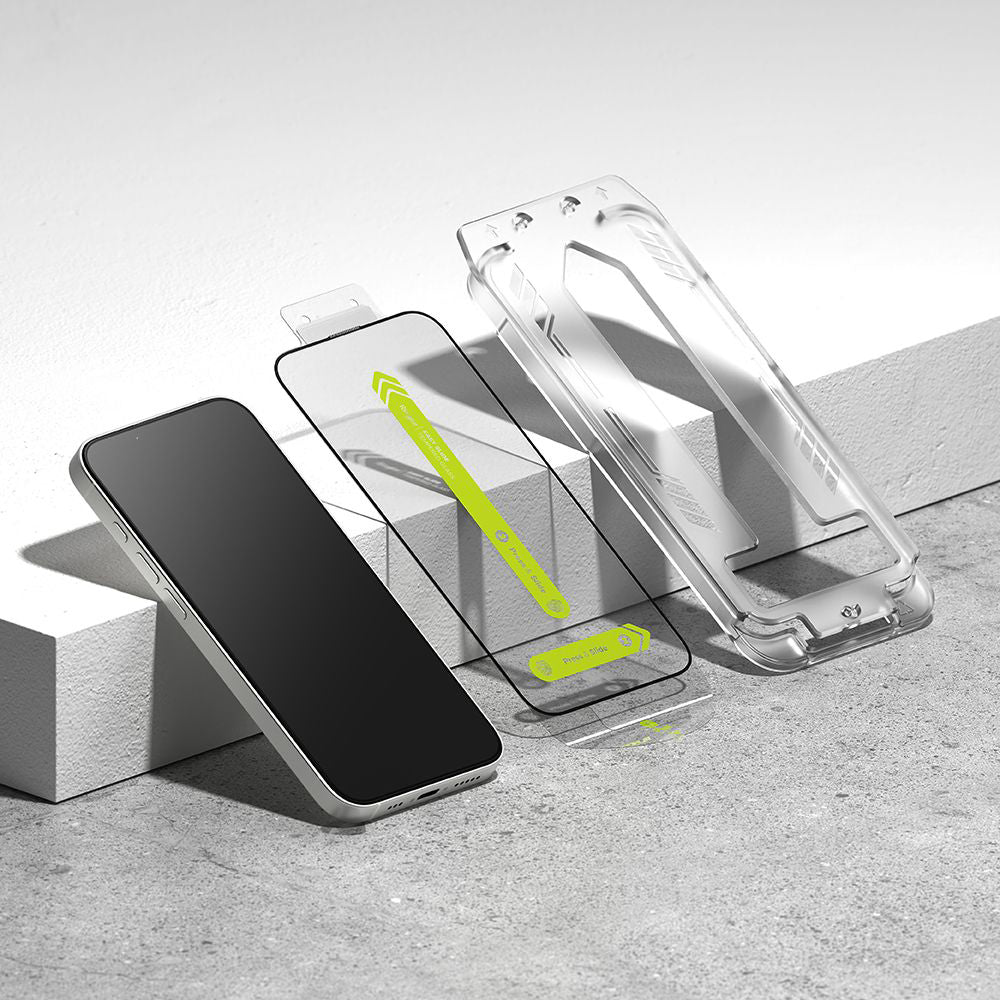 Προστατευτική μεμβράνη οθόνης Ringke Easy Slide για Apple iPhone 17e / 16e / 14 / 13 Pro, Ασφαλισμένο γυαλί, Πλήρης κόλλα, Σετ 2 τεμαχίων, Μαύρο