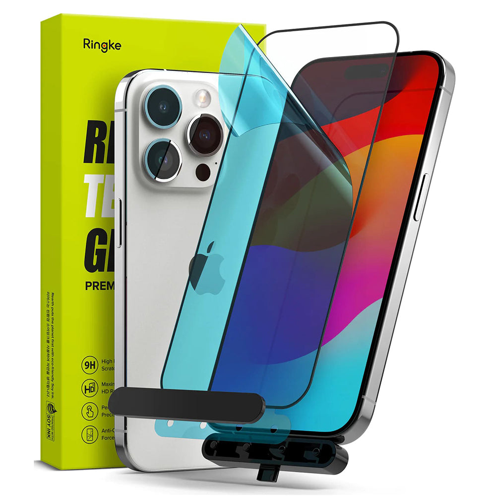 Προστατευτική μεμβράνη οθόνης Ringke για Apple iPhone 15 Pro, Ασφαλισμένο γυαλί, Πλήρης κόλλα, Μαύρο