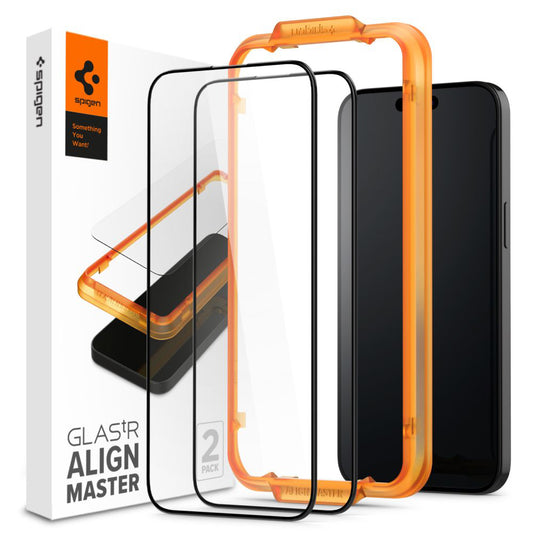 Προστατευτικό Φιλμ Οθόνης Spigen GlastR Align Master για Apple iPhone 15, Ενισχυμένο Γυαλί, Πλήρης Κόλληση, Σετ 2 τεμαχίων, Μαύρο AGL06906
