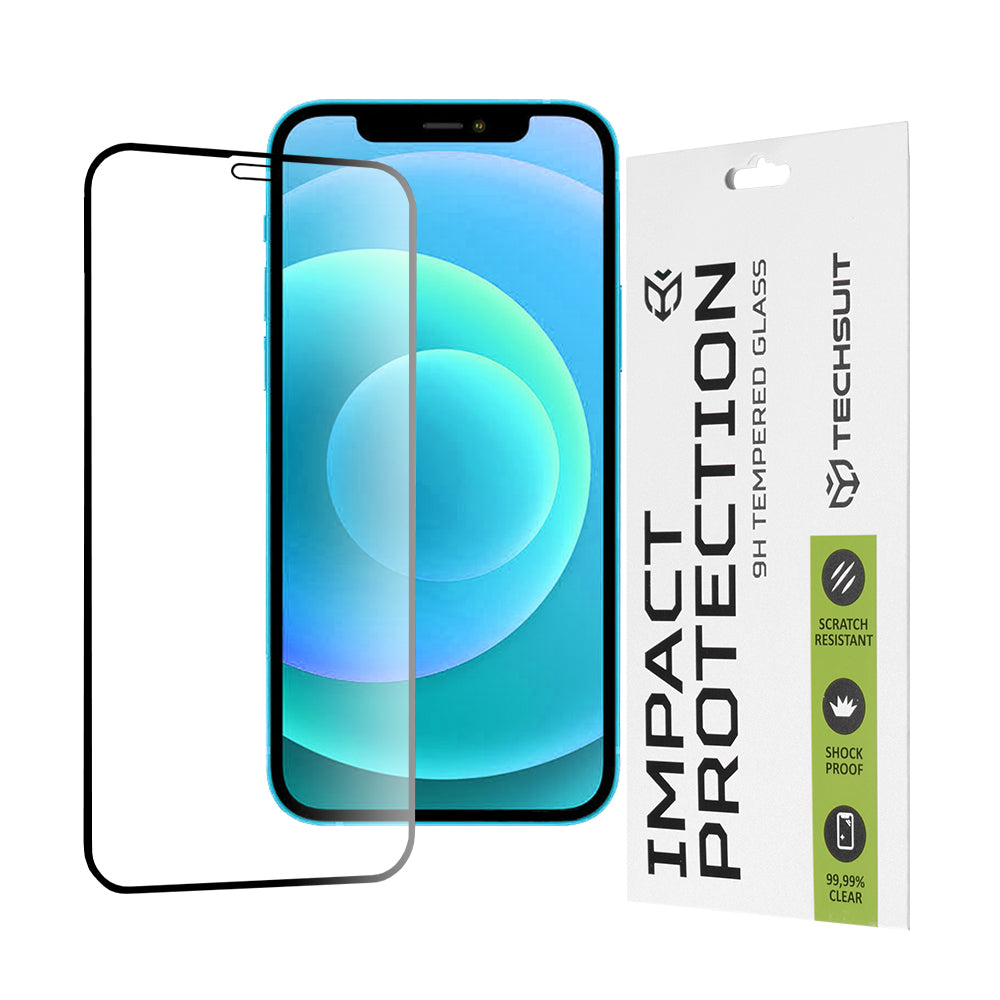 Techsuit Screen Protector Film for Apple iPhone 12 / 12 Pro, Tempered Glass, Full Glue, 111D, Black