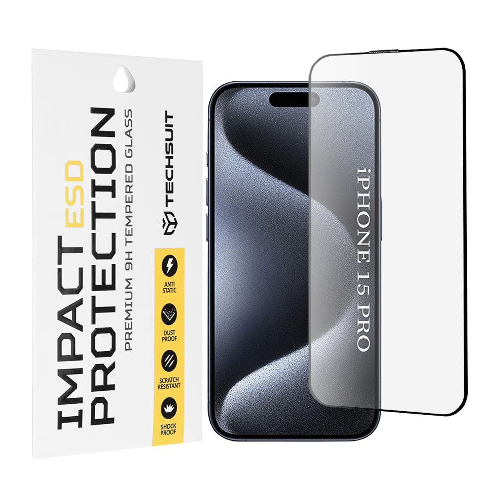 Προστατευτική μεμβράνη οθόνης Techsuit για Apple iPhone 15 Pro, Ασφαλισμένο γυαλί, Πλήρης κόλλα, Μαύρο