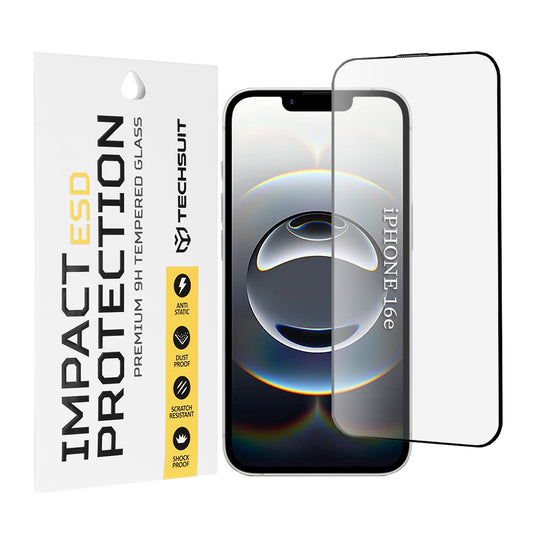 Προστατευτική μεμβράνη οθόνης Techsuit για Apple iPhone 17e / 16e, Ασφαλισμένο γυαλί, Πλήρης κόλλα, Μαύρο
