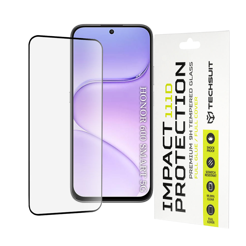 Techsuit Screen Protector Film for Honor 600 Smart, Tempered Glass, Full Glue, 111D, Black