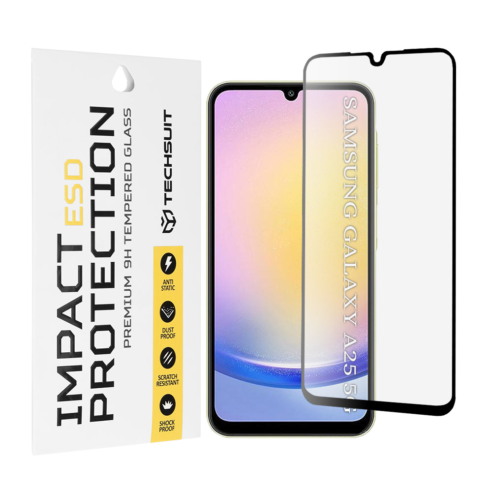 Προστατευτική μεμβράνη οθόνης Techsuit για Samsung Galaxy A25 A256, Ασφαλισμένο γυαλί, Πλήρης κόλλα, Μαύρο