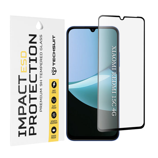 Προστατευτική μεμβράνη οθόνης Techsuit για Xiaomi Redmi 15C 5G / 15C 4G, Ασφαλισμένο γυαλί, Πλήρης κόλλα, Μαύρο