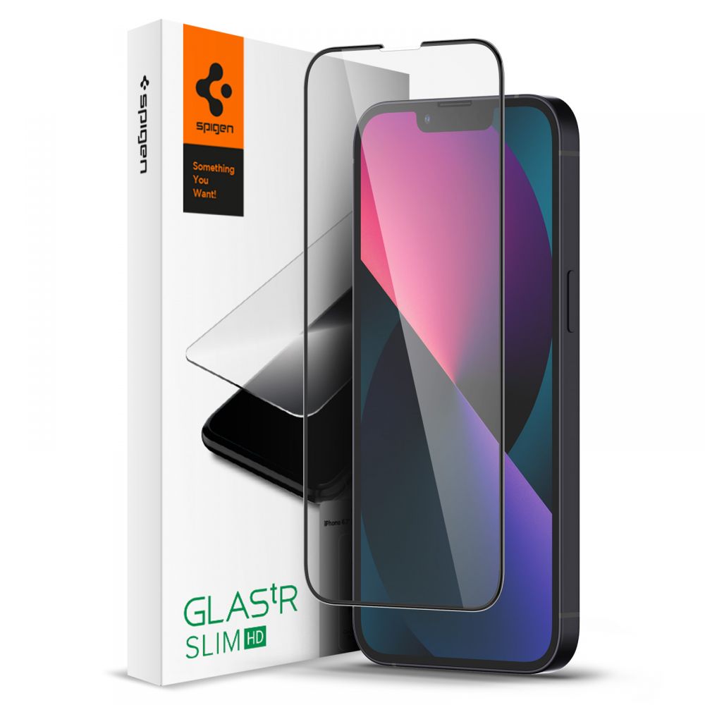Spigen GlastR Slim Screen Protector for Apple iPhone 17e / 16e / 14 / 13 Pro, Tempered Glass, Full Glue, Black AGL03392