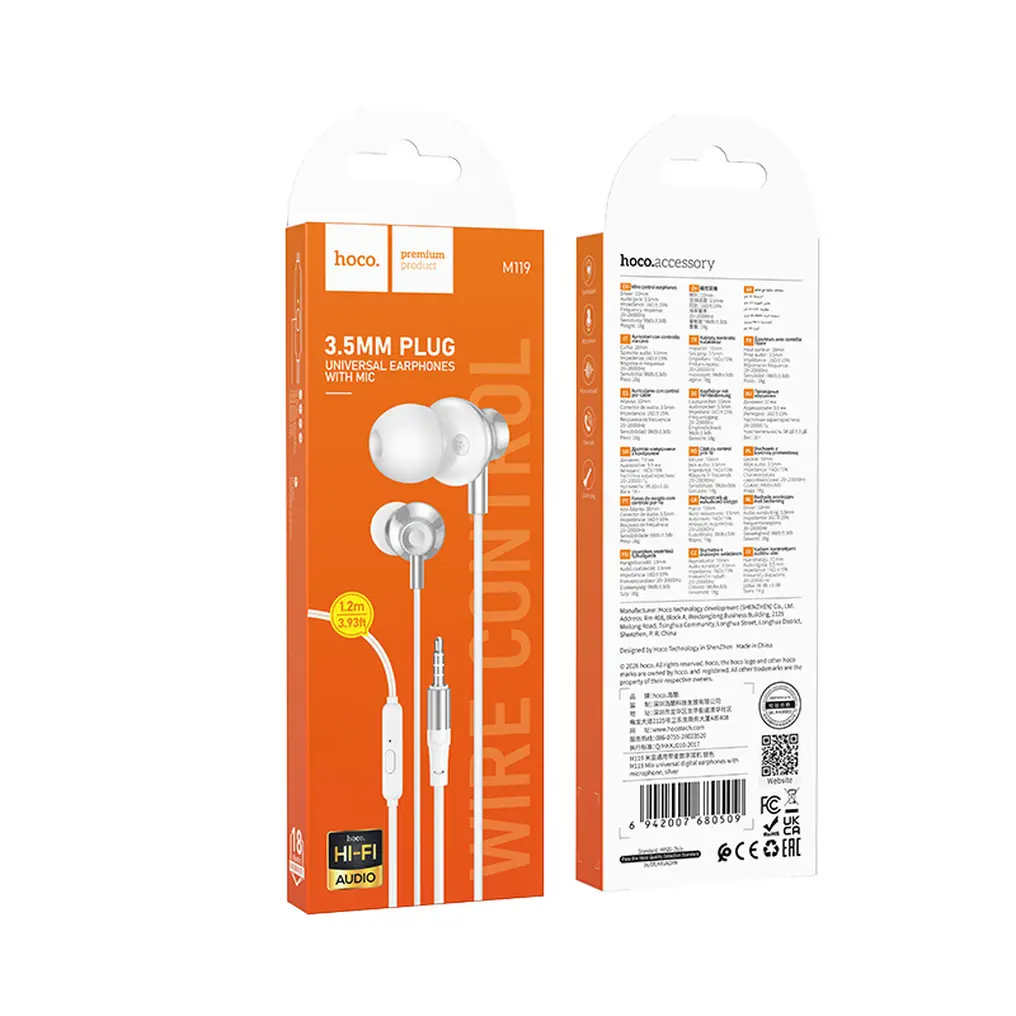 Handsfree 3.5mm HOCO M119, Silver