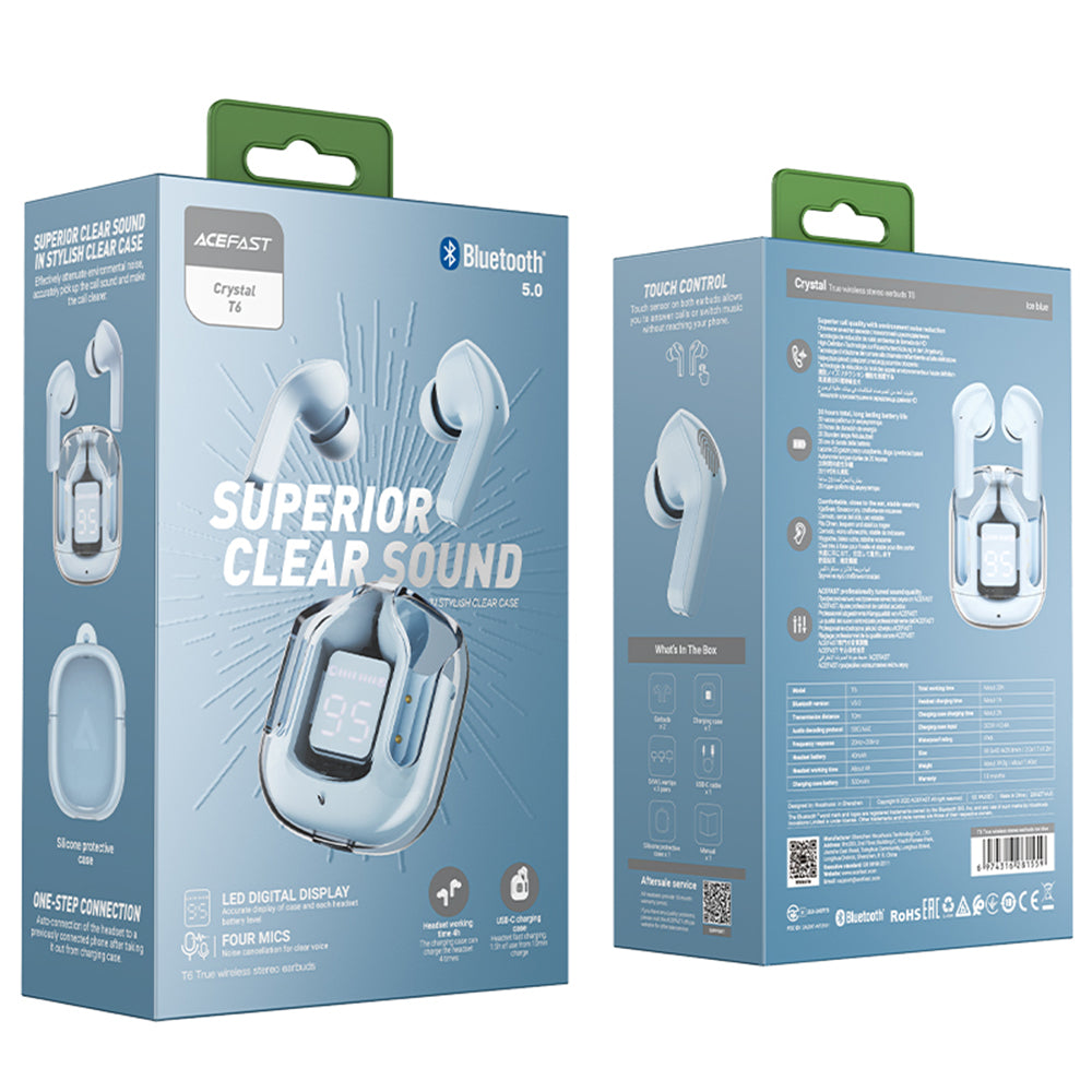 Handsfree Bluetooth Acefast T6, TWS, Μπλε
