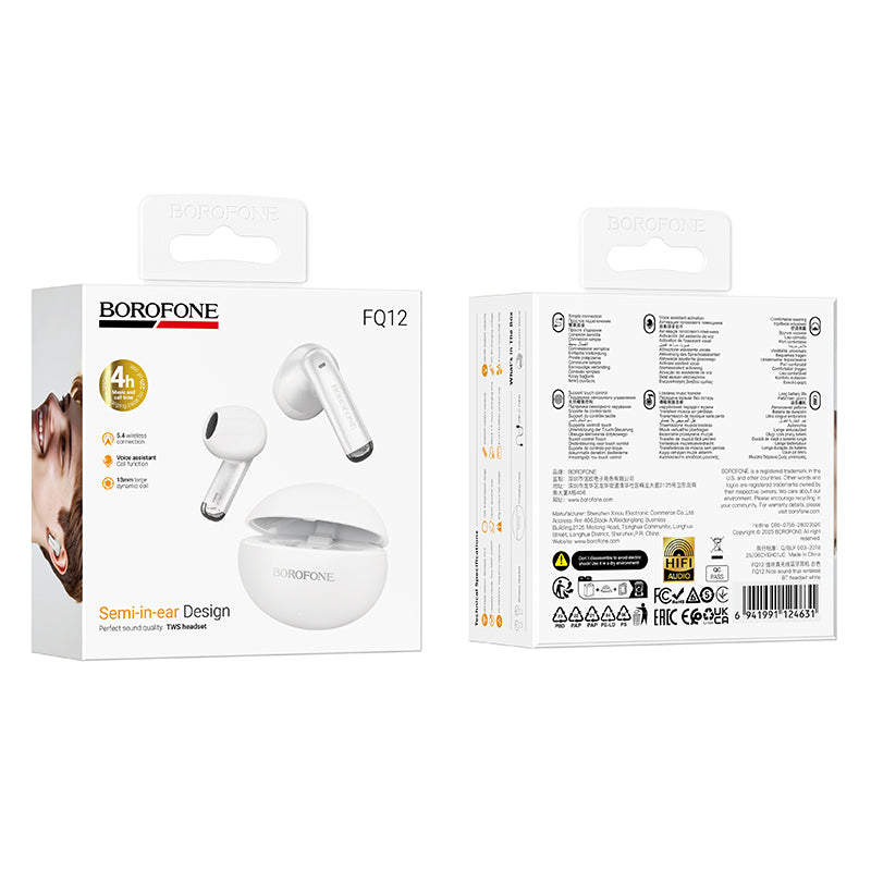 Ασύρματο Handsfree Bluetooth Borofone FQ12 Nice, TWS, Λευκό